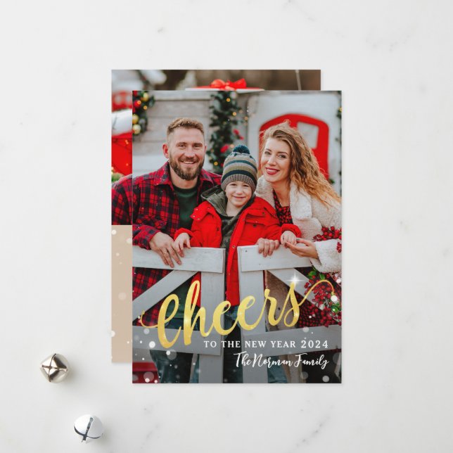 Gold Script Cheers to the New Year 2 Photo Linen Holiday Card (Front/Back In Situ)