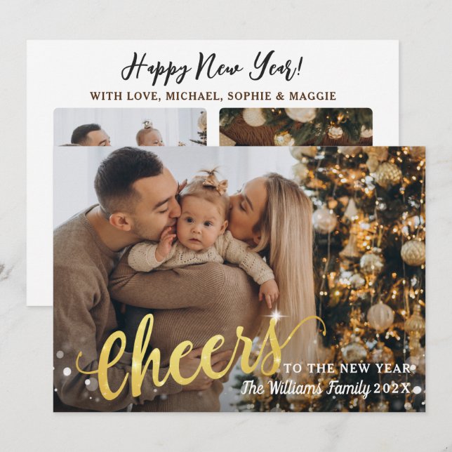 Gold Script Cheers to the New Year 3 Photo Holiday Card (Front/Back)