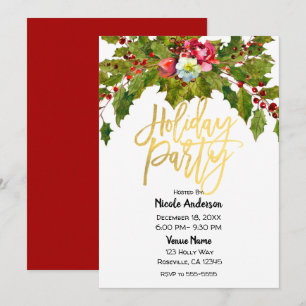 Gold Script Christmas Holiday Party Holly Floral Invitation