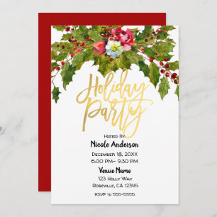 Gold Script Christmas Holiday Party Holly Floral Invitation