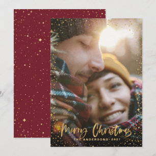 Gold script Christmas stars 1 photo burgundy Holiday Card