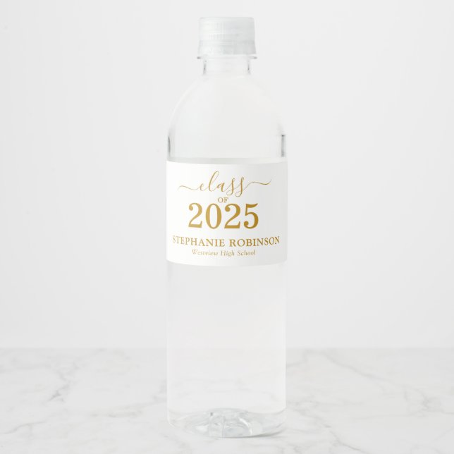 Gold Script Class of 2025 Graduation Party Water Bottle Label (Front)