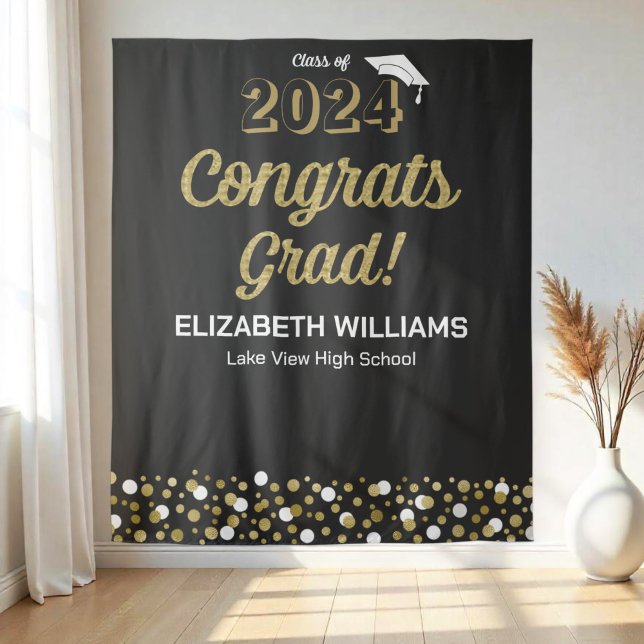 Gold Script Confetti Congrats Grad Black Backdrop Tapestry (Creator Uploaded)