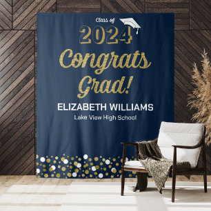 Gold Script Confetti Congrats Grad Blue Backdrop Tapestry