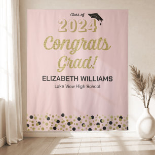 Gold Script Confetti Congrats Grad Pink Backdrop Tapestry