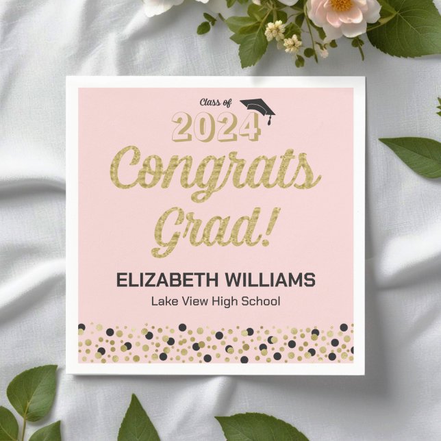 Gold Script Confetti Congrats Grad Pink Napkin (Creator Uploaded)