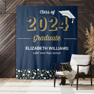 Gold Script Confetti Grad Party Blue Backdrop Tapestry