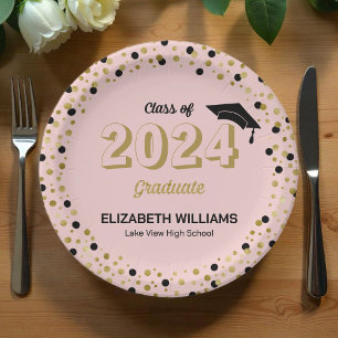 Gold Script Confetti Graduation Party Pink Pap Paper Plate