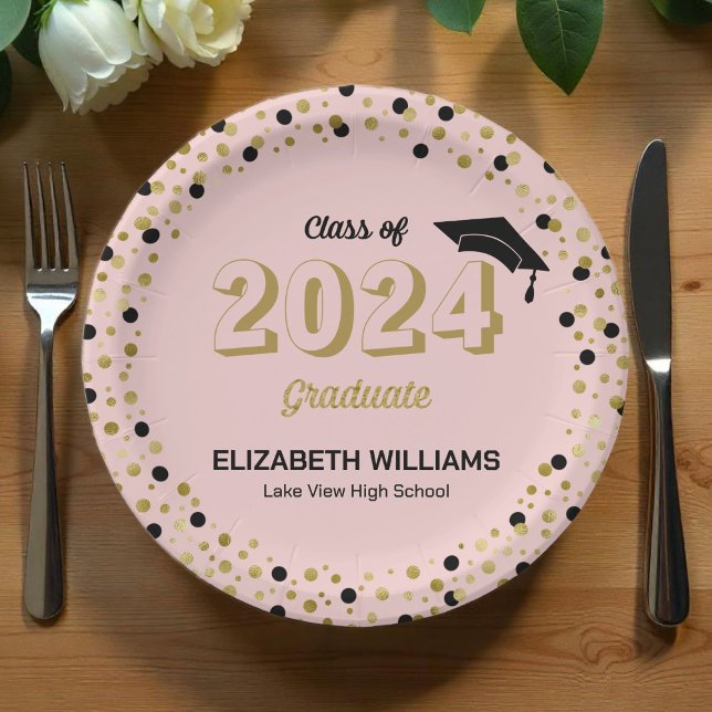 Gold Script Confetti Graduation Party Pink Pap Paper Plate (Creator Uploaded)