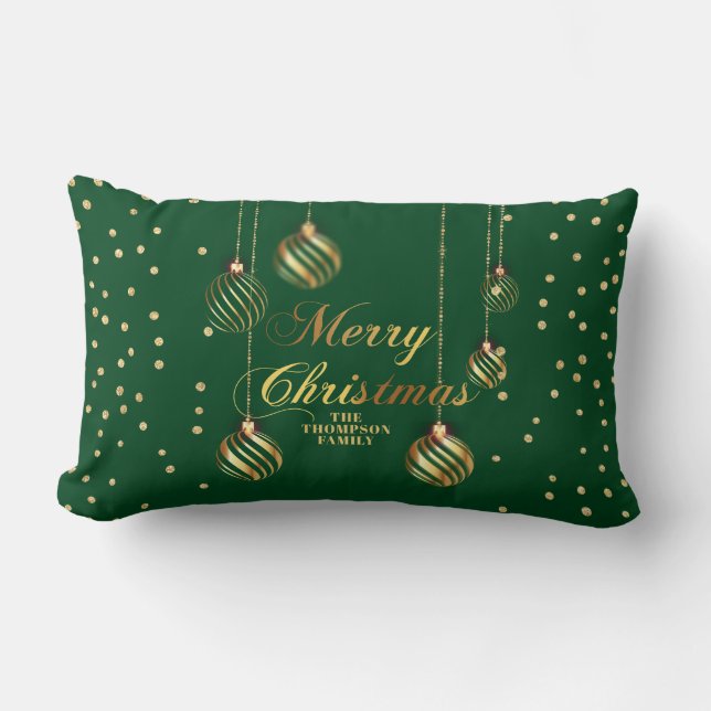 Gold Script Confetti Green Family Christmas Balls Lumbar Pillow (Front)
