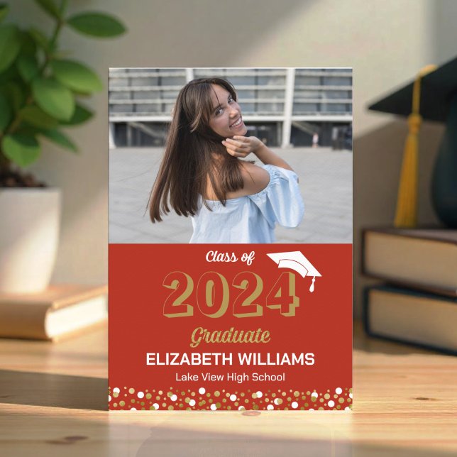 Gold Script Confetti Photo Red Grad Faire-part (Créateur téléchargé)