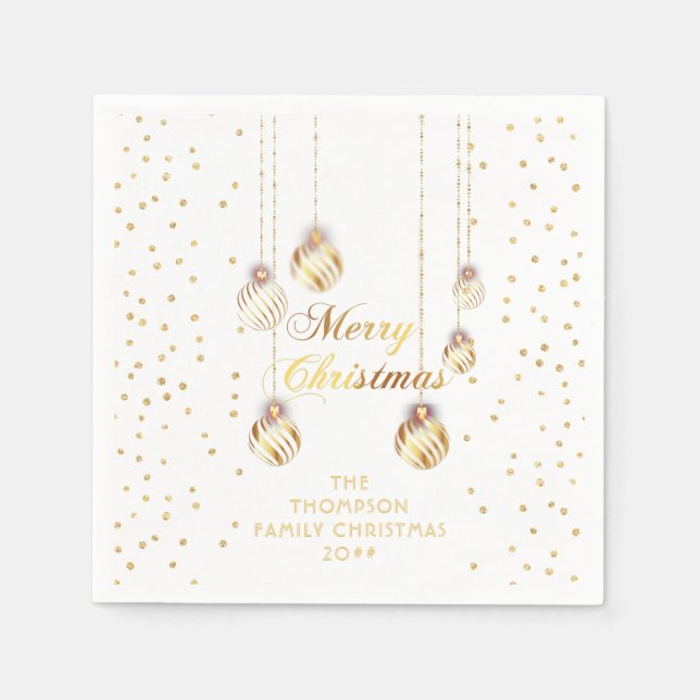 Gold Script Confetti White Family Christmas Balls Napkin (Front)