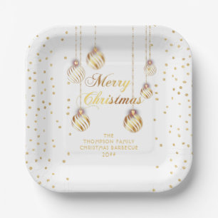 Gold Script Confetti White Family Christmas Balls Paper Plate