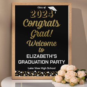 Gold Script Congrats Grad Black Affiche de bienven