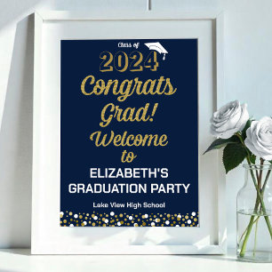 Gold Script Congrats Grad Blue Welcome Sign
