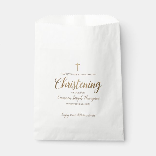 Gold Script Cross Christening Thank you Treat Favour Bag (Front)