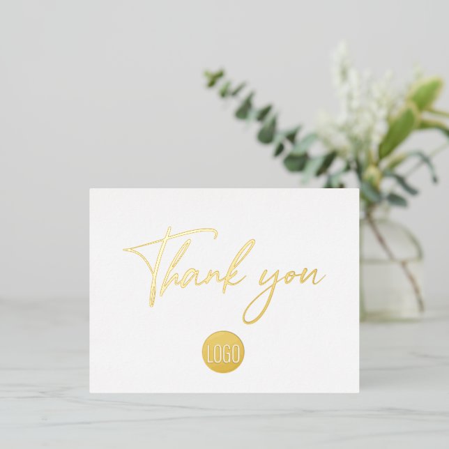 Gold Script Custom Business logo text Thank You  Foil Holiday Postcard (Standing Front)