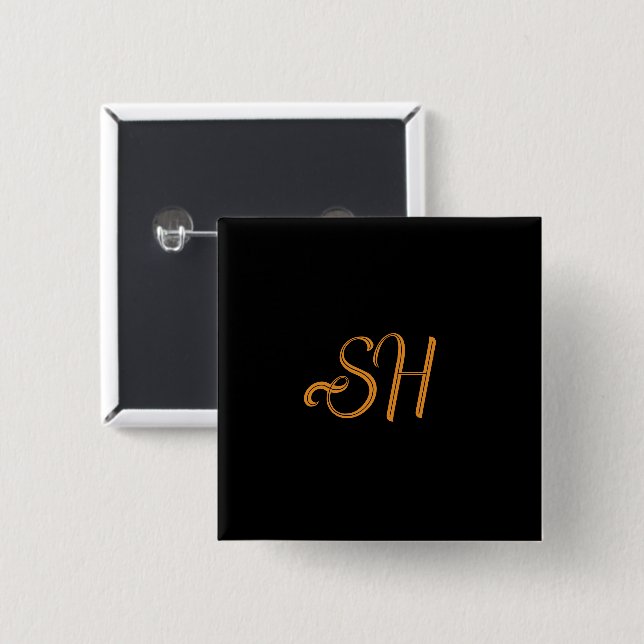 Gold script custom initials black 2 inch square button (Front & Back)