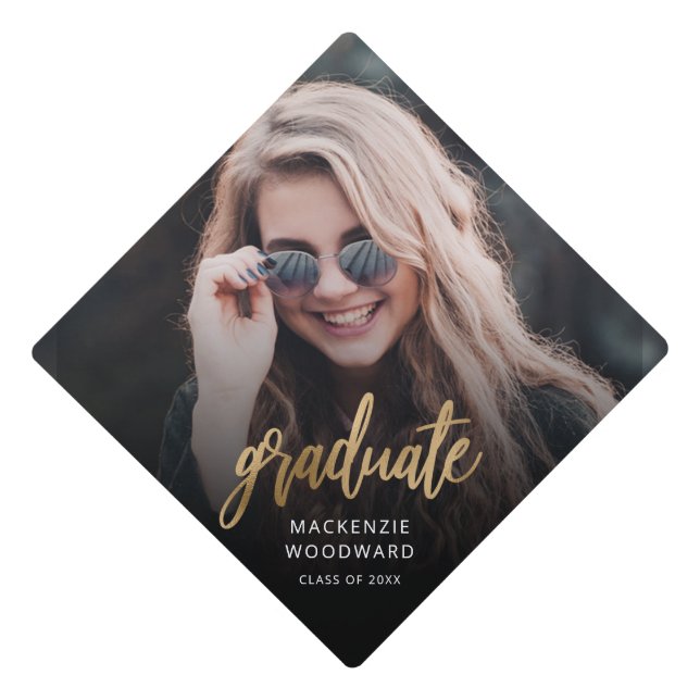 Gold Script Custom Photo Graduation Graduation Cap (Front)