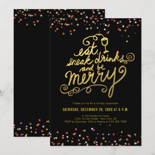 Gold Script Eat Drink Merry Confetti Holiday Party Invitation