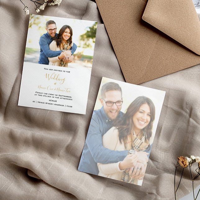 Gold Script Elegant Serif photo wedding invitation (Modern wedding invitation with gold script, elegant serif details, and full photo layout.)