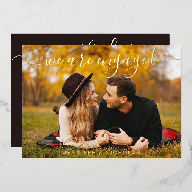 Gold Script Engagement Photo Wedding Save the Date (Front/Back)