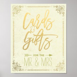 Gold Script Floral Frame Cards Gifts Wedding Sign