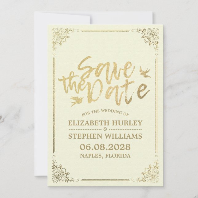 Gold Script Floral Frame Save The Date Wedding (Front)