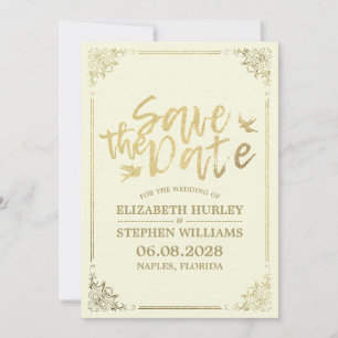 Gold Script Floral Frame Save The Date Wedding
