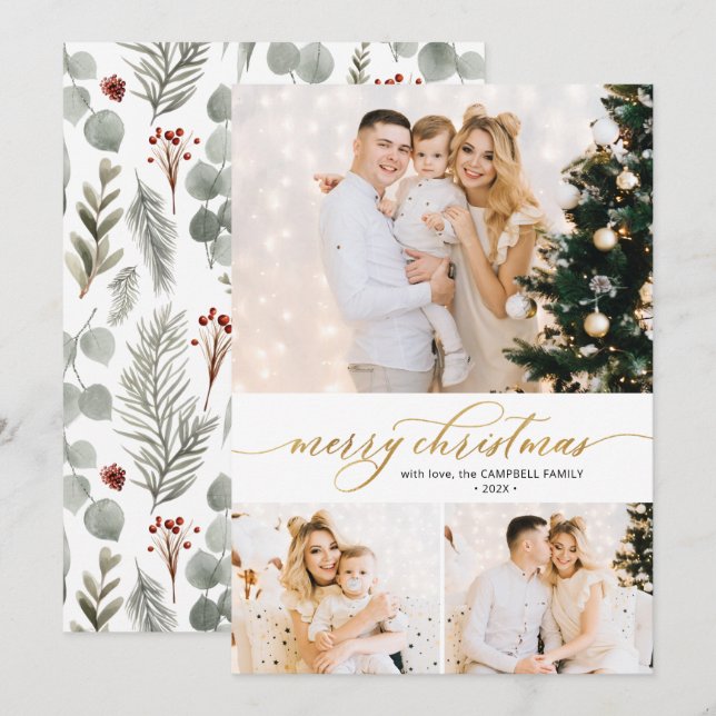 Gold Script Foliage 3 Photo Collage Christmas Card (Front/Back)