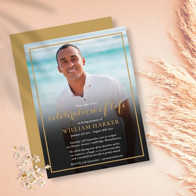 Gold Script Funeral Photo Invitation Postcard (Creator Uploaded)