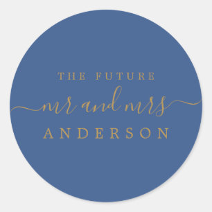 Gold Script Future Mr Mrs Classic Blue Wedding Classic Round Sticker