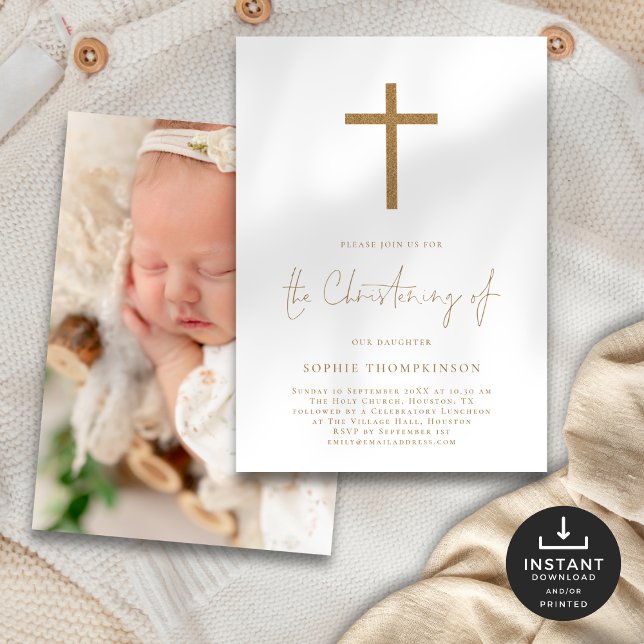 Gold Script Glitter Cross Photo Christening  Invitation (Creator Uploaded)