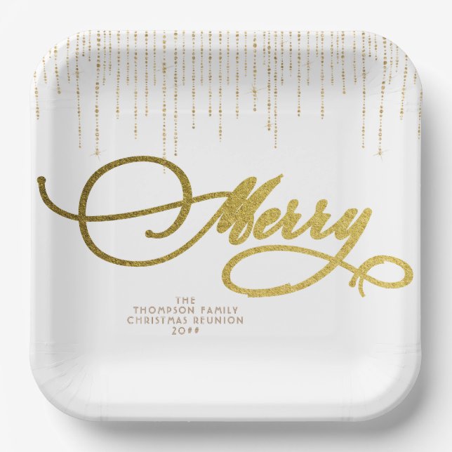 Gold Script Glitter Red White Family Christmas Paper Plate (Front)
