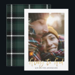 Gold script glory to god green tartan photo holiday card<br><div class="desc">Gold script glory to god stylish holiday card with green and black tartan backer design. Space for single photo.</div>