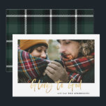 Gold script glory to god green tartan photo holiday card<br><div class="desc">Gold script glory to god stylish holiday card with green tartan backer design. Space for single photo.</div>