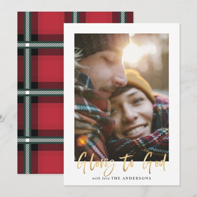 Gold script glory to god red tartan photo holiday card (Front/Back)