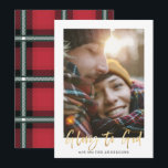 Gold script glory to god red tartan photo holiday card<br><div class="desc">Gold script glory to god stylish holiday card with red tartan backer design. Space for single photo.</div>