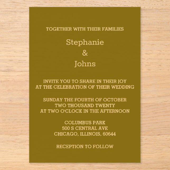 Gold Script Golden Yellow Brown Elegant Wedding Acrylic Invitations (Front)