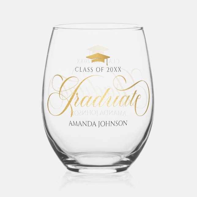 Gold Script Graduate Name Graduation Stemless Wine Glass (Front)