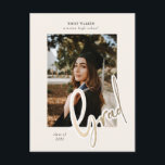 gold script graduation announcement photo postcard<br><div class="desc">Scripted gold faux foil lettering "Grad" with various background colours and elegant script. Add your own photo for a special touch. Check our store for more items from this collection.</div>