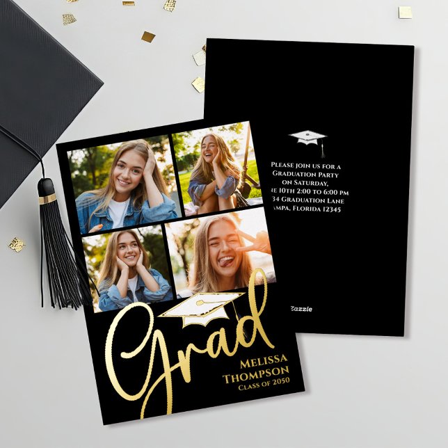 Gold Script Graduation Photo Collage Template (Graduation photo collage gold foil invitation announcement. )