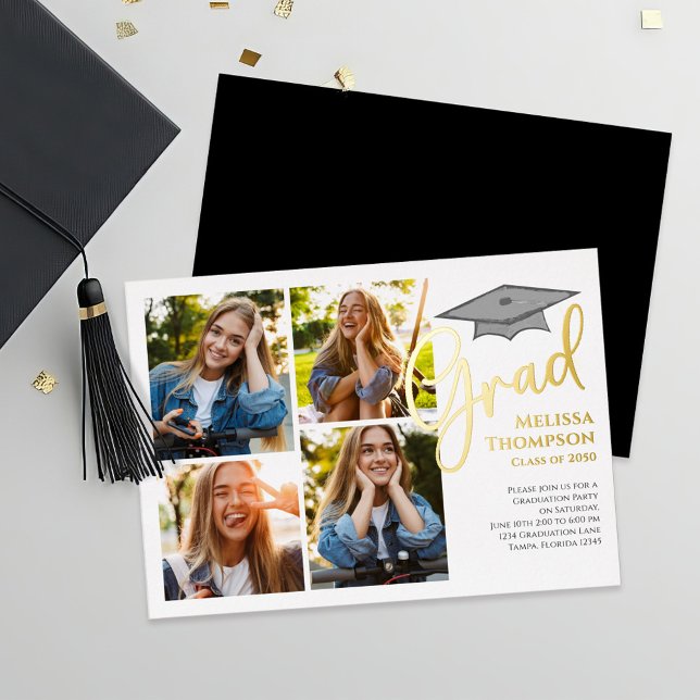 Gold Script Graduation Photo Collage Template (Gold script graduation photo collage template foil invitation announcement)