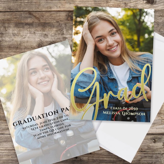 Gold Script Graduation Photo Elegant Invitation (Graduation photo invitation with gold calligraphy script and a 2-photo template. )