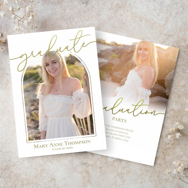 Gold Script Graduation Photo Party Invitation (Graduation gold calligraphy script invitation)