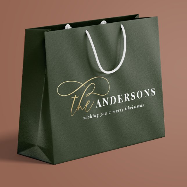 Gold script green modern minimal rustic Christmas Large Gift Bag (Creator Uploaded)