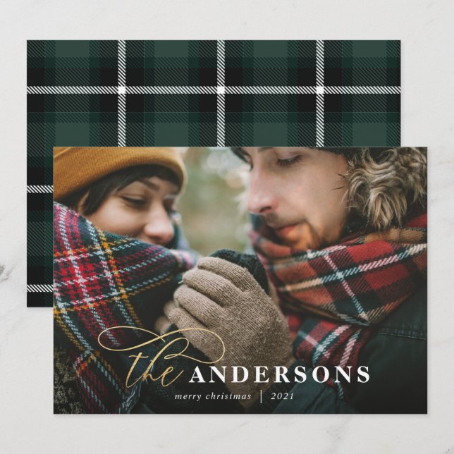 Gold script green plaid backer 1 photo Christmas Holiday Card (Front/Back)