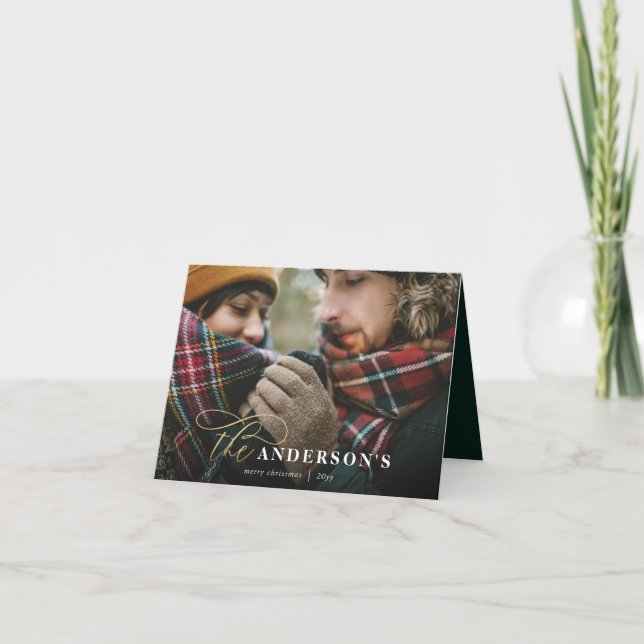 Gold script green plaid backer 1 photo Christmas Holiday Card (Front)