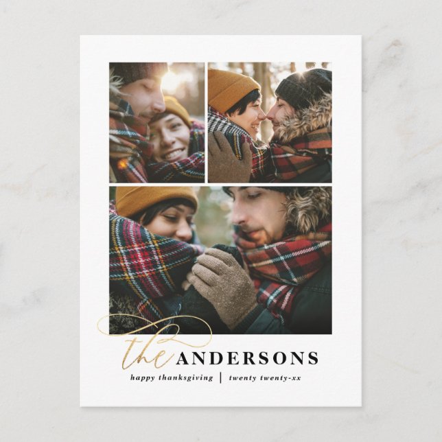 Gold script green plaid multi photo thanksgiving  holiday postcard (Front)