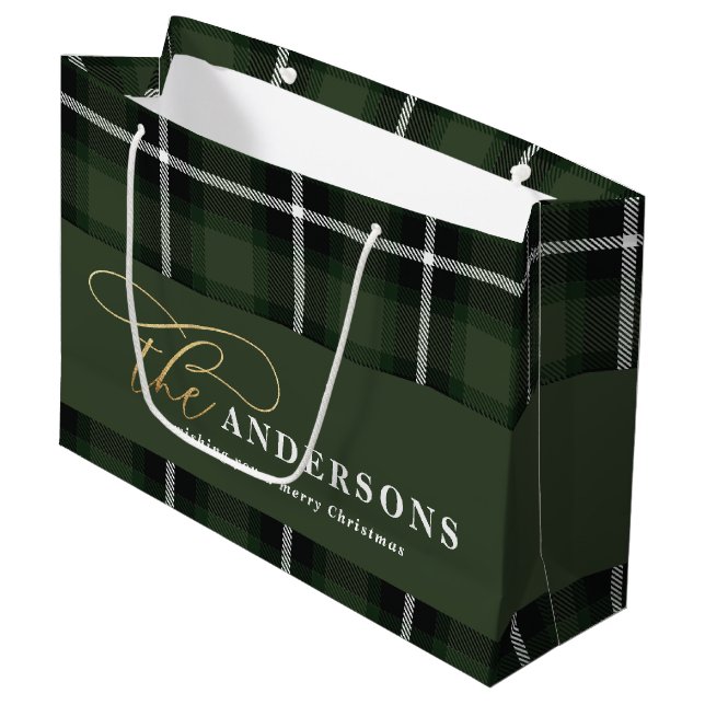 Gold script green plaid tartan rustic Christmas Large Gift Bag (Front Angled)